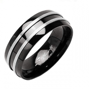 Кольцо из титана Spikes R-TI-3066L черное с металлическими полосамими