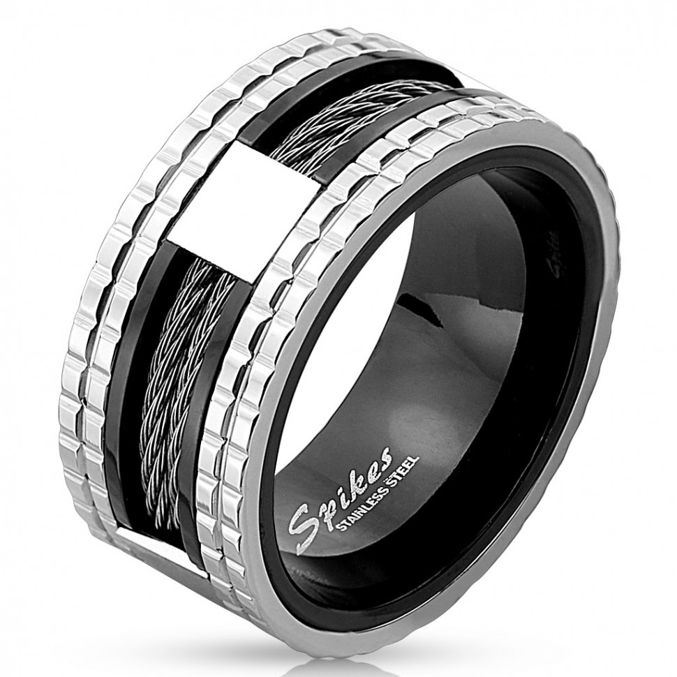 Купить Мужское кольцо из стали Spikes R-M4230 с черной полосой Купить Мужское кольцо из стали Spikes R-M4230 с черной полосой