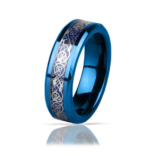 Купить Кольцо из карбида вольфрама синее Lonti RTG-0031 с орнаментом "Кельтский дракон" (оттенок металл)