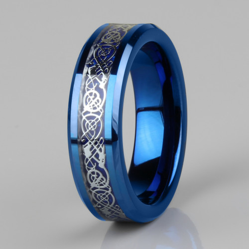 Купить Кольцо из карбида вольфрама синее Lonti RTG-0031 с орнаментом "Кельтский дракон" (оттенок металл)