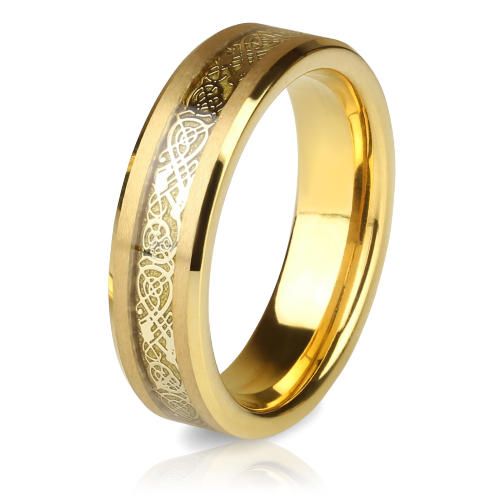 Купить Кольцо из карбида вольфрама Lonti RTG-0035 с узором "Кельтский дракон" на золотистом фоне