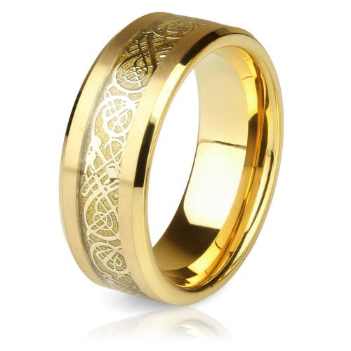 Купить Кольцо из карбида вольфрама Lonti RTG-0035 с узором "Кельтский дракон" на золотистом фоне