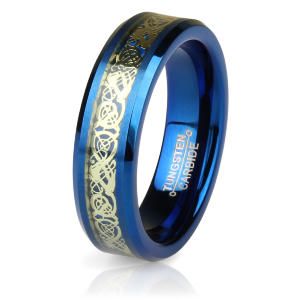 Кольцо из карбида вольфрама синее Lonti RTG-0030 с орнаментом "Кельтский дракон" (золотистый оттенок)